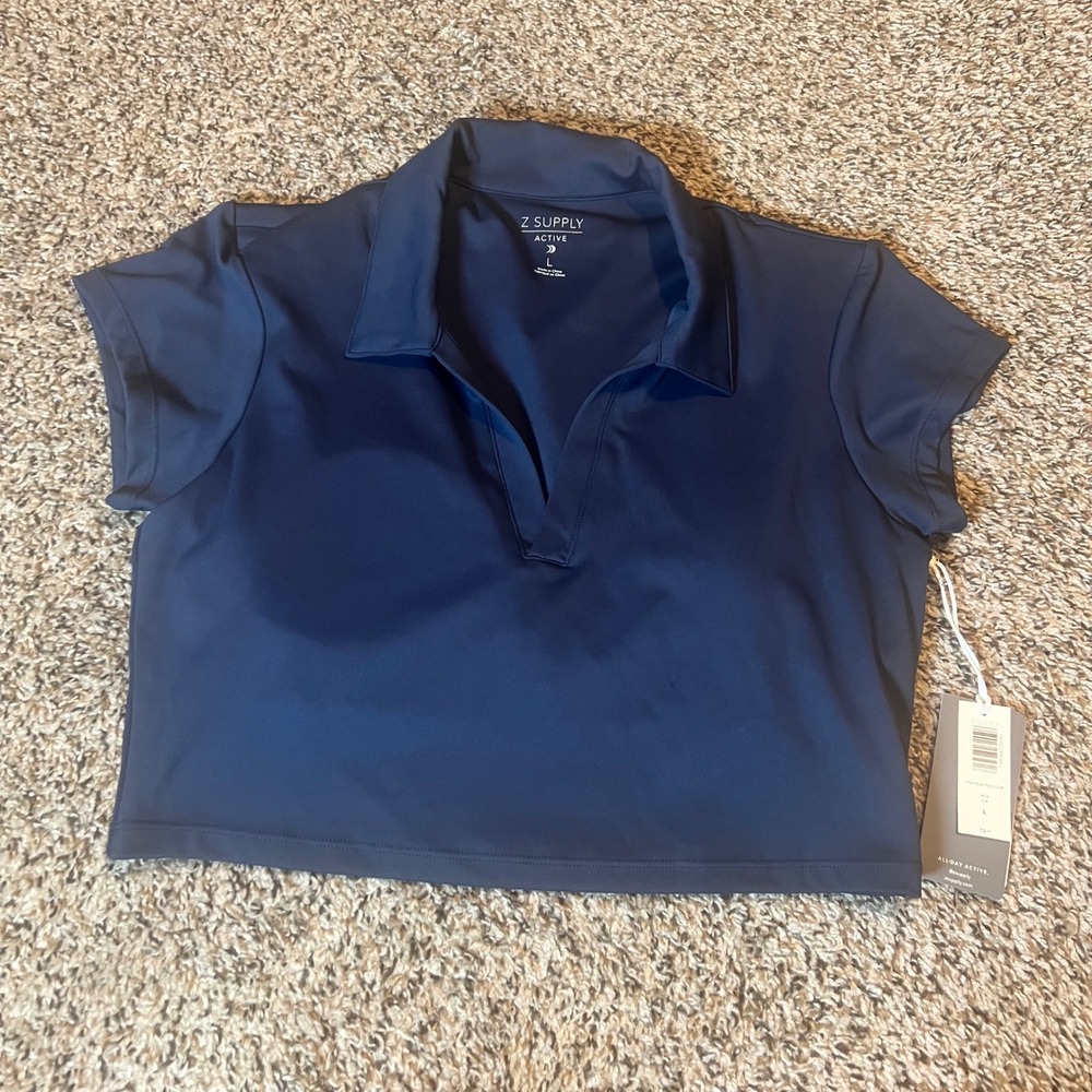Z Supply Fair Play Polo Top INCA L Navy Active Cropped Athletic Short Sleeve
